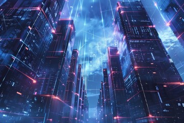 A futuristic cityscape with buildings resembling giant servers, connected by beams of light forming a blockchain network. 