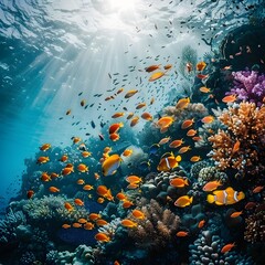 Fototapeta na wymiar Vibrant Underwater Coral Reef Teeming with Colorful Marine Life