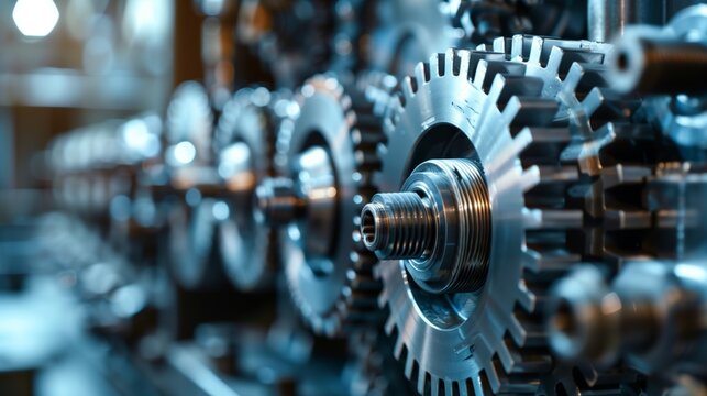 Close-up view of a series of interlocking metal gears and machinery components.