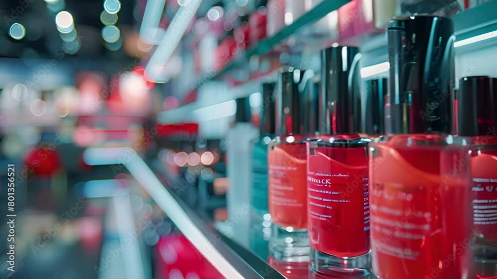 Poster This Various colorful nail polish bottles neatly arranged on a shelf in a store.
