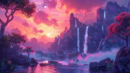 This landscape is a mystical, imaginative realm filled with enchanting colors and shapes.