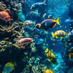 Fototapeta premium Vibrant School of Colorful Fish Swimming Through Lively Coral Reef