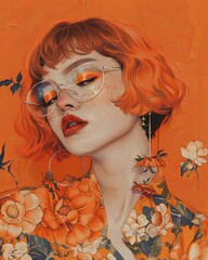 Illustration of a woman with orange hair casual stylish dress pop art modern painting stylish vivid vibrant color of woman portrait summertime colour theme
