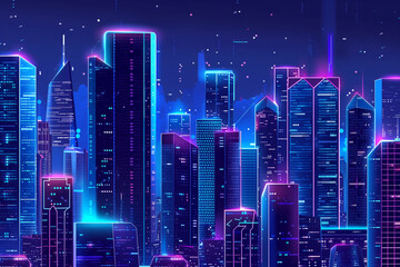 Fototapeta premium A cityscape with neon lights and a dark blue sky