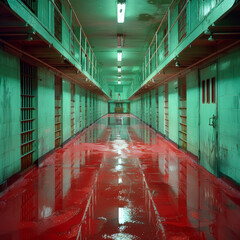 A surreal depiction of a prison hallway with reflective red floors, creating a stark, eerie atmosphere