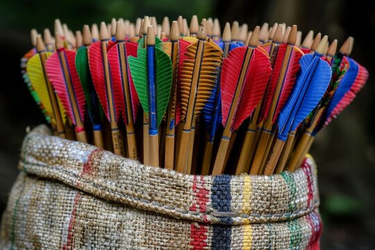 Archer s quiver filled with arrows for summer olympic games   sport concept with equipment details