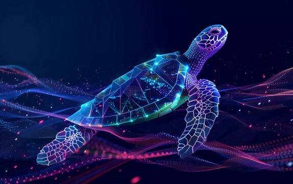 Abstract night turtle digital landscape. Digital low poly wireframe vector illustration with very beautiful 3D effect