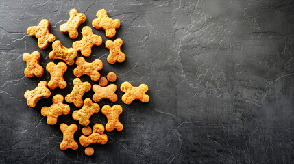 Scattered bone-shaped cookies on a dark textured background, ideal for dog treats.