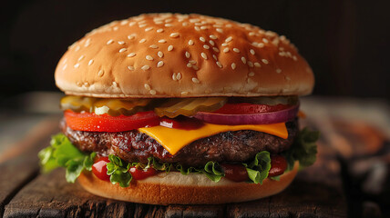 burger or hamburger with grilled beef, cheese and well decorative with fresh ingredients, food...