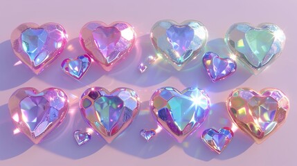 Collection of heart and gem holographic decorations, packed and isolated on a background in a 3D rendering.