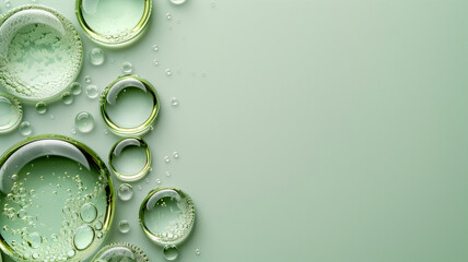Top view of transparent green liquid drops on soft green color background with copy space for text. clean minimal style.