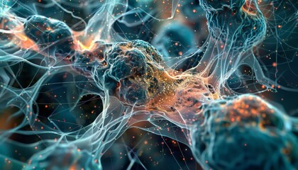 A microscopic view of a biological cell, its intricate network of organelles and membranes resembling a complex mesh of particles and lines. 