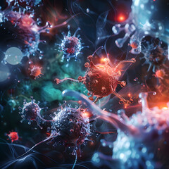 Virus attacking healthy cells in the body, 3D Rendering illustration.