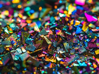 A macro shot of colorful, metallic flakes scattered across a surface, their edges catching the light and creating a mesmerizing mesh pattern.  
