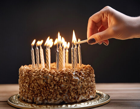 Close up em m&atilde;o feminina acendendo v&aacute;rias velas sobre bolo confeitado de anivers&aacute;rio com fundo preto.