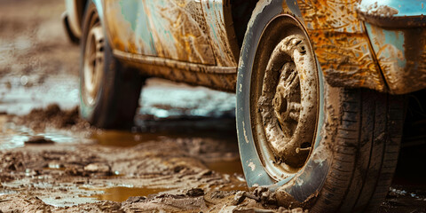 Off-Road Vehicle Tire on Muddy Road with Mud Splashes Wheel of Off-Road Car in Muddy Puddle Close-Up View