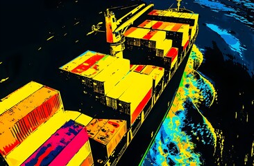 Global Business in Motion A Vibrant Aerial Perspective of Cargo Ship and Stacked Containers at Sea