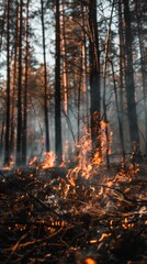 Close-up of a forest floor with vibrant flames and embers. The raw power and beauty of fire in nature.