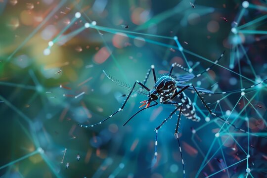 Dengue fevers complex transmission cycle is depicted with interconnected nodes and links, reflecting the virus s spread through mosquito populations in a macro concept