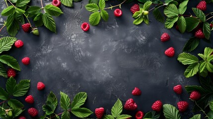 Fresh red raspberries with green leaves scattered on a dark textured background, top view.