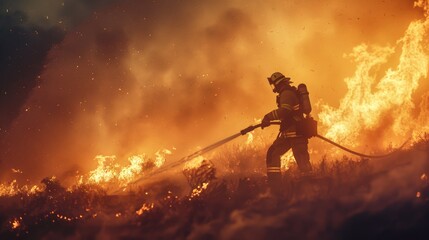 A firefighter in action against a raging wildfire, highlighting the risks they face. The fierce struggle to protect forests from fire.