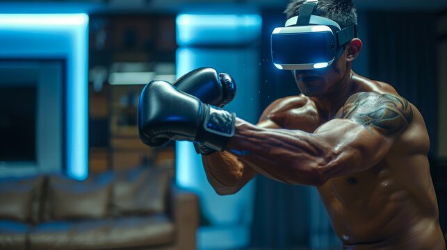 Muscular Man Engaging in a Virtual Reality Boxing Session, Illuminated by Ambient Blue Light, Concept of At-home High-tech Workout Routines
