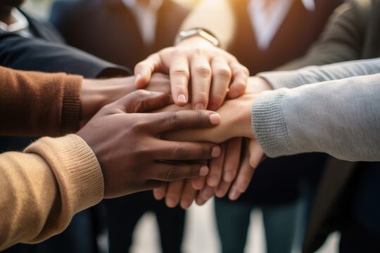 Large business team showing unity with their hands together