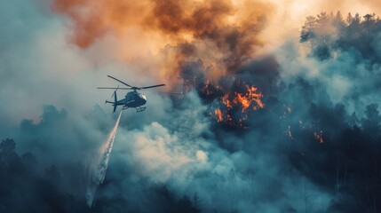 Helicopter pouring water over a forest fire during a severe wildfire. Disaster management and aerial firefighting efforts.