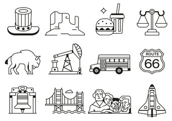 USA Icons and Design Elements in Line Art