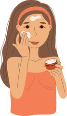 Woman applying cream, skin care concept, facial skin care banner, vector illustration