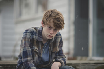 male teenager having no friends sitting sad