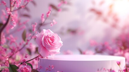 A pink rose on a podium against a backdrop of a cherry blossom tree in bloom.