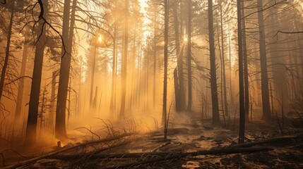 Naklejka premium Golden sunrise illuminating a smoky forest post-wildfire. The beauty of nature's resilience in the face of disaster.