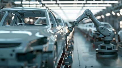 Robotic Assembly Line in Modern Industrial Factory with Metallic Machinery and Conveyor Belt