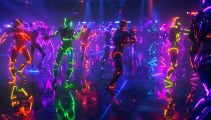 A neon dance party with robots of all shapes and sizes grooving to the music, their bodies pulsing with colorful lights 