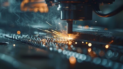 Sparks fly from industrial machinery during metal fabrication process in a dark factory workshop description This image captures the intense