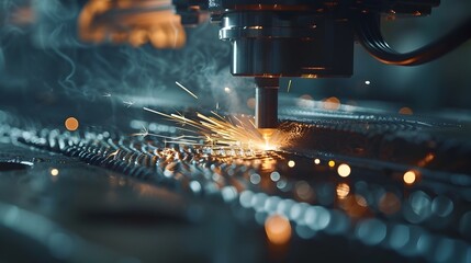 Sparks fly from industrial machinery during metal fabrication process in a dark factory workshop description This image captures the intense - Powered by Adobe