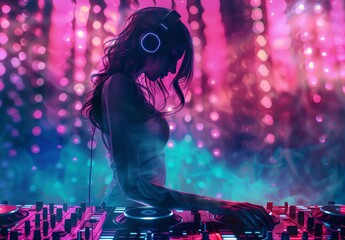Neon-lit poster featuring a sultry DJ dancer in a nightclub. Ideal for mixtapes, book covers, song albums, and covers.