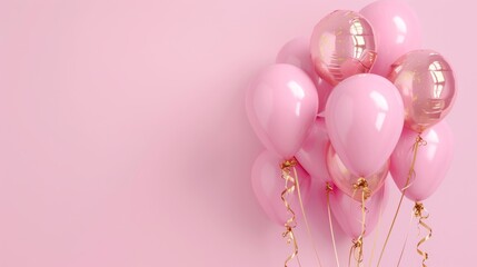 Pink and gold balloons on a pink background.