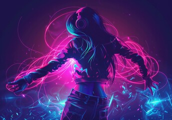Neon-lit poster featuring a sultry DJ dancer in a nightclub. Ideal for mixtapes, book covers, song albums, and covers.