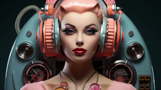 Sequence of colorful jukeboxes and female mannequin head made with generative AI