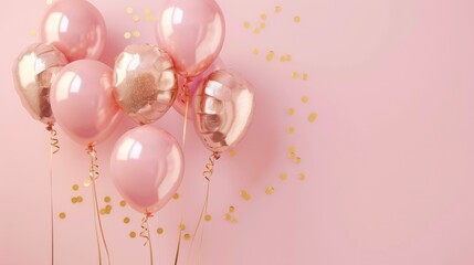 Pink and gold balloons on a pink background with gold confetti.