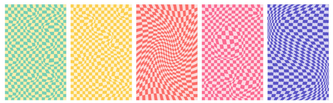 Groovy checkered distorted and twisted backgrounds, vibes of hippies and 60s and 70s. Vector illustration.