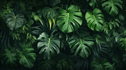Tropical jungle Monstera plant leaves. Jungle wall background. Green tropical palm leaves with monstera foliage forest