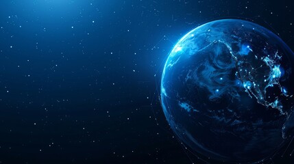 Obraz premium Deep blue vector backdrop featuring Earth with abstract technological rings orbiting around it, representing global communication systems and satellites in motion.