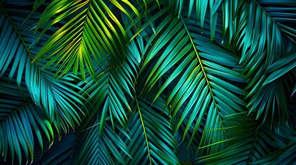 Lush tropical palm leaves create a dense verdant natural background with repetitive patterns and textures