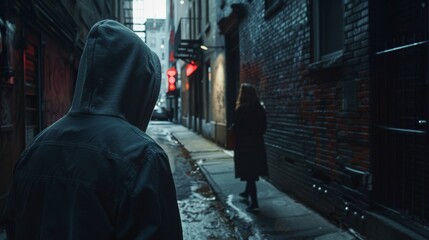 Obraz premium Hooded man lurking in the shadows of a dark alley while a woman passes by unaware