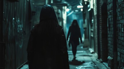 Woman walking quickly down a dark alley looks over her shoulder at a hooded figure in the distance
