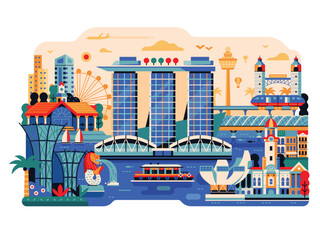 Travel Singapore Scene with Tourist Landmarks