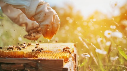 Close up of a beekeepers hands using a honey scraper to remove honey from the combs